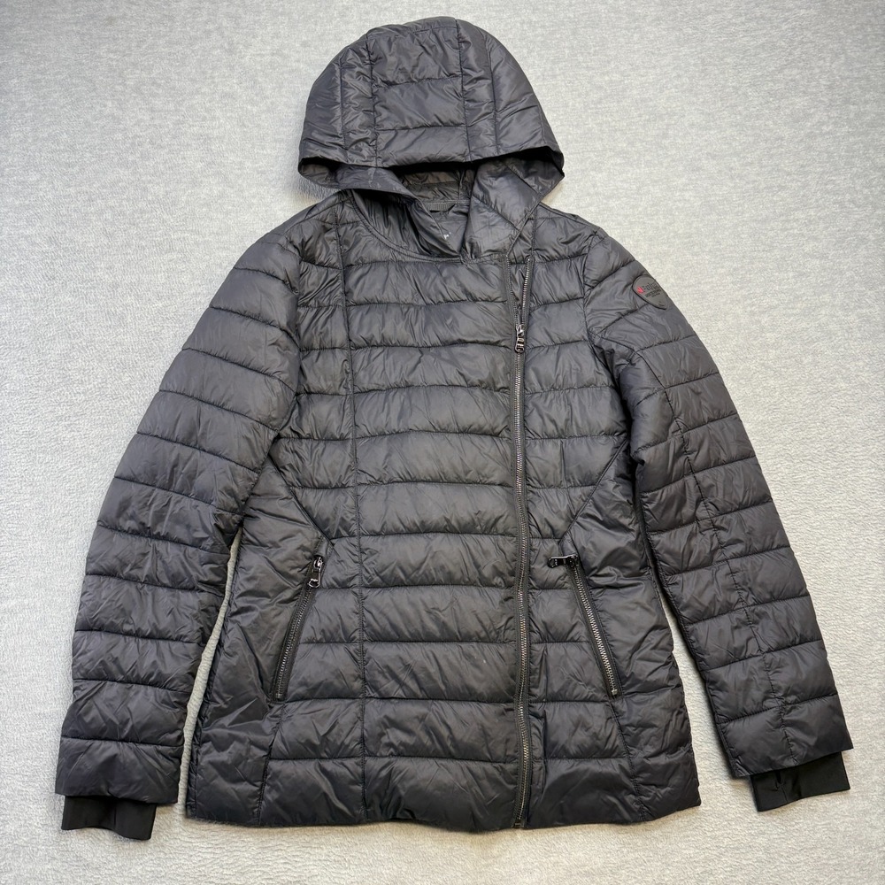 Pajar Jacket Womens Medium Black Puffer Packable Insulated Hood Asymmetrical Zip